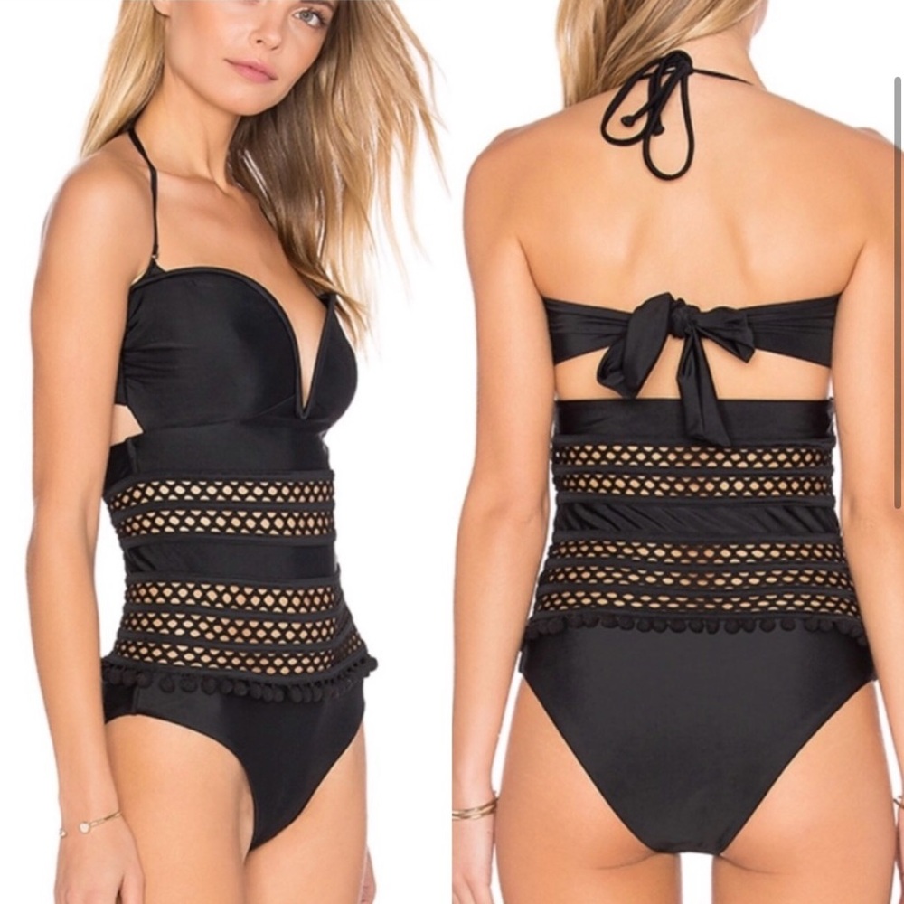 Revolve Tularosa Women’s Nina One Piece Black Cut Out Pom Pom Swimsuit Sz Small